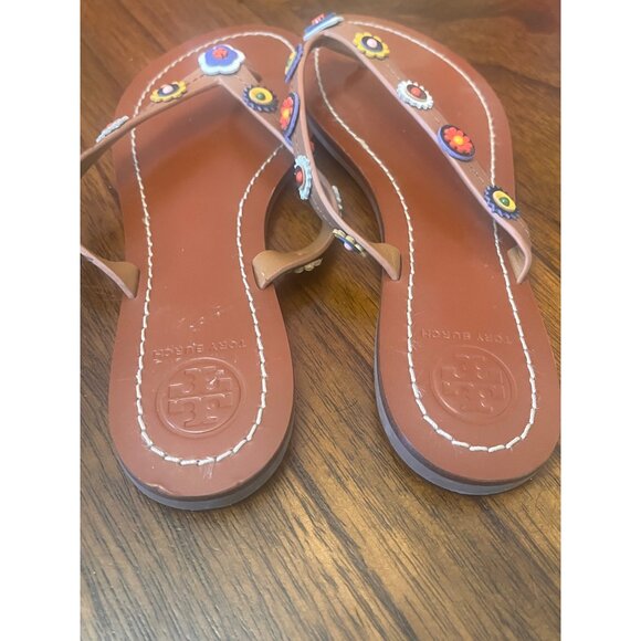 TORY BURCH Margierite Leather Flower Accents Flip Flop  Flat Thongs Sandals sz 6 - Picture 6 of 8